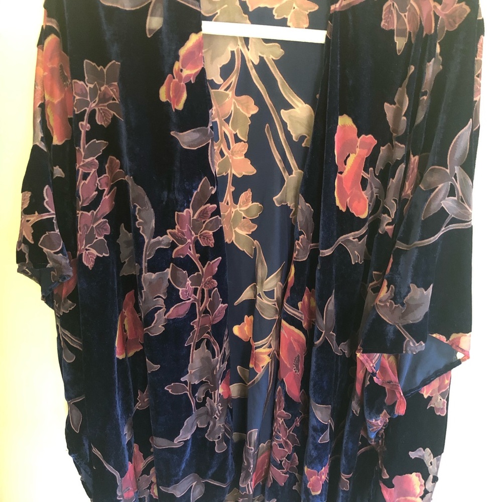 Navy velvet and sheer cover with floral pattern.